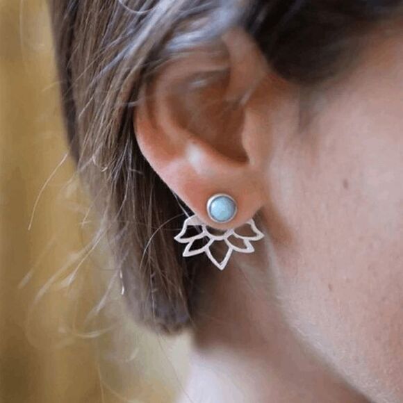 Silver Lotus Flower Turquoise Stud Earrings - Picture 2 of 3